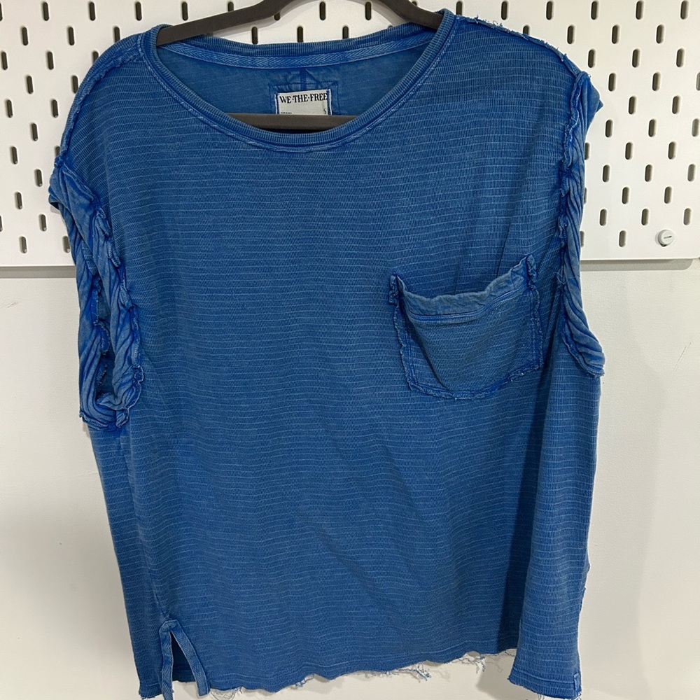 We The Free Blue Distressed Long Sleeve Top